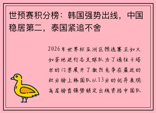 世预赛积分榜：韩国强势出线，中国稳居第二，泰国紧追不舍